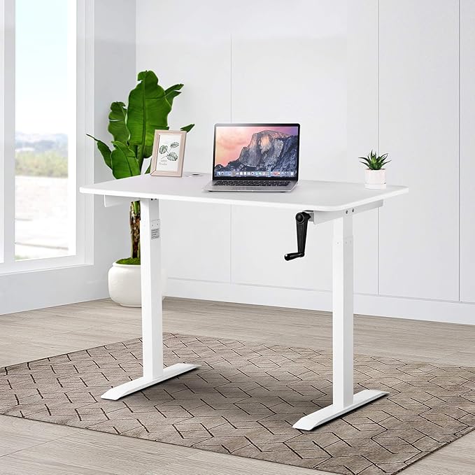 UNICOO Crank Adjustable Height Standing Desk Adjustable Sit to Stand-up Home Office Desk Computer Table Portable Writing Desk (White Top/White Frame - NTCSET-01-WW)