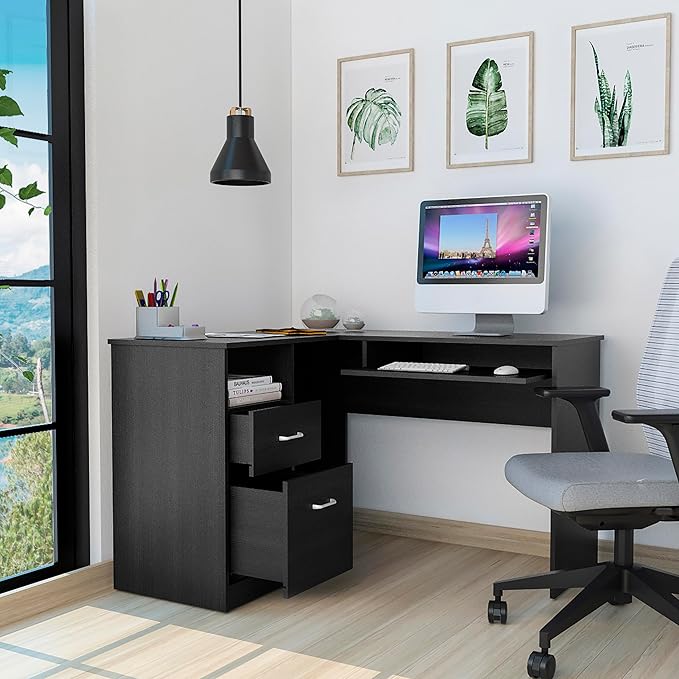 Black L-Shaped Desk with Keyboard Shelf - Modern Home Office Computer Desk