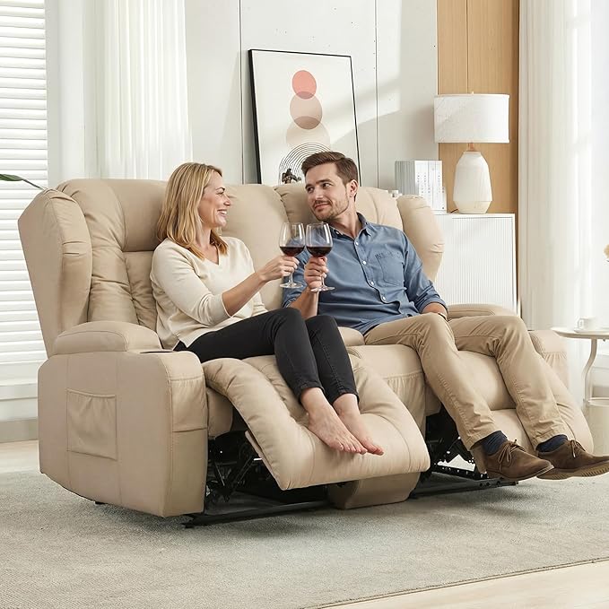 DRMBOOK RV Loveseat Recliner Sofa Double Wall Hugger Reclining Couches Manual Reclinable Movie Seating 2 Person Recliner for Travel Trailer (Leathaire Beige 2 Seater with Standard Console)