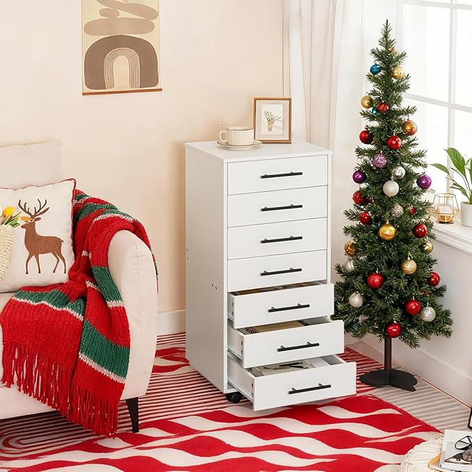 HOOBRO 7-Drawer File Cabinet Wooden Office Cabinet with Drawers Mobile Storage Filing Drawer for Home Office Study Easy Assembly White WT07WJ01