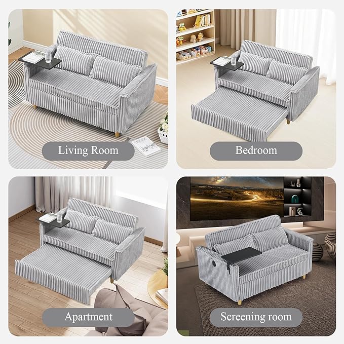 3 in 1 Pull Out CouchCorduroy Upholstered Convertible Sleeper Sofa Bed with Movable Side Table Modern Multifunctional Sofa with USB Port Cushioned Couch for Living Room (Gray)