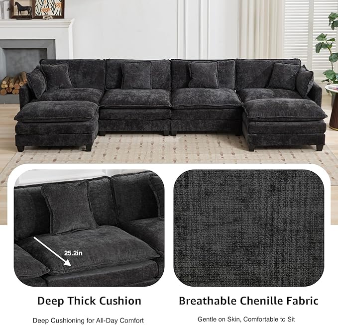 149.6 Modern Sectional Couches for Living Room Charcoal Grey Comfy Cloud Couch Sectional 4 Seater Couch for Living Room with 2 Ottoman Sofas para Sala U Shaped Modern Sofa (Grey Black 4+2 Set)