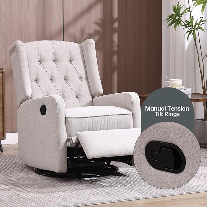 Glider Recliner Nursery Chair Cozy Linen Rocking Chair Nursery Recliner with Adjustable Button Backrest and Footrest Swivel Recliner Chair for Living Room Bedroom Office (Beige)