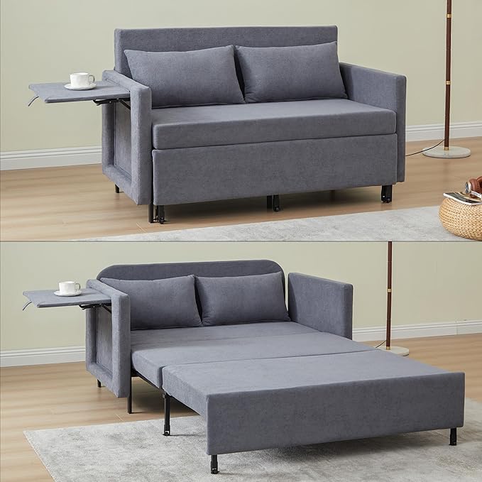 QHITTY Pull Out Couch Bed 2-in-1 Sleeper Sofa Small Loveseat Bed with Hidden Side Table and Iron Frame for Living Room Small Space Apartment (Grey)