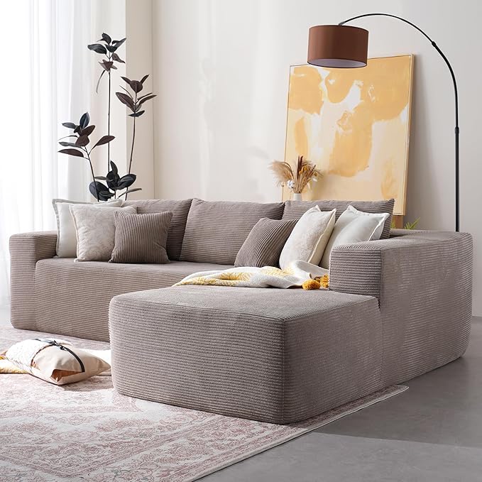 106 Cloud Sectional Couch with Chaise Lounge Deep Seat L Shaped Modern Modular Sleeper Sofa No Assembly Required Boneless Couches for Living Room (RightStripe CorduroyCamel)