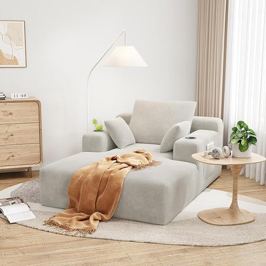 LIKIMIO 71.6 Oversized Chaise Lounge Chair Indoor with Cup Holders &amp Storage - Corduroy Sofa Bed for Living Room Reading Nook or Bedroom No Assembly Cloud Couch (Greige) | Chaise Lounge Indoor