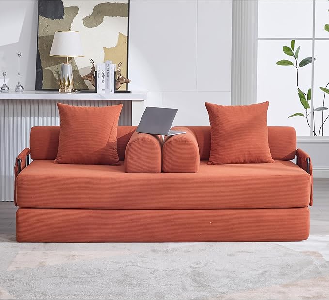 Convertible Sleeper Sofa Bed with Fixed-Shape Frame Floor Sofa Lounge Couch with Cylindrical Pillow Corduroy Folding Mattress Couch for Living Room Bedroom Burnt Orange