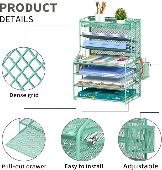 7 Tier Desk File OrganizerMetal Document Holder with Adjustable Shelves Pull-Out Drawer &amp Removable Pen Holder for Office OrganizationGreen
