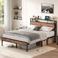 Queen Bed Frame with USB Charging Station &amp Storage Headboard Modern Metal Platform Bed with Large Under Bed Space Noise Free Easy Assembly No Box Spring Needed Rustic Brown