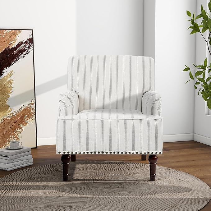 Accent Chair Mid Century Modern Comfy Armchair for Living Room Linen Fabric Single Sofa Lounge for Reading Bedroom Apartment Waiting Room with Wood Legs (Pinstripe Grey Set of 2)