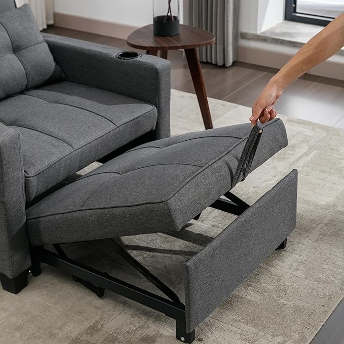 Modern Convertible Sleeper Sofa Bed 3-in-1 Adjustable Futon Couch with Storage &amp Removable Armrests for Apartment Studio Office Small Spaces (Grey)