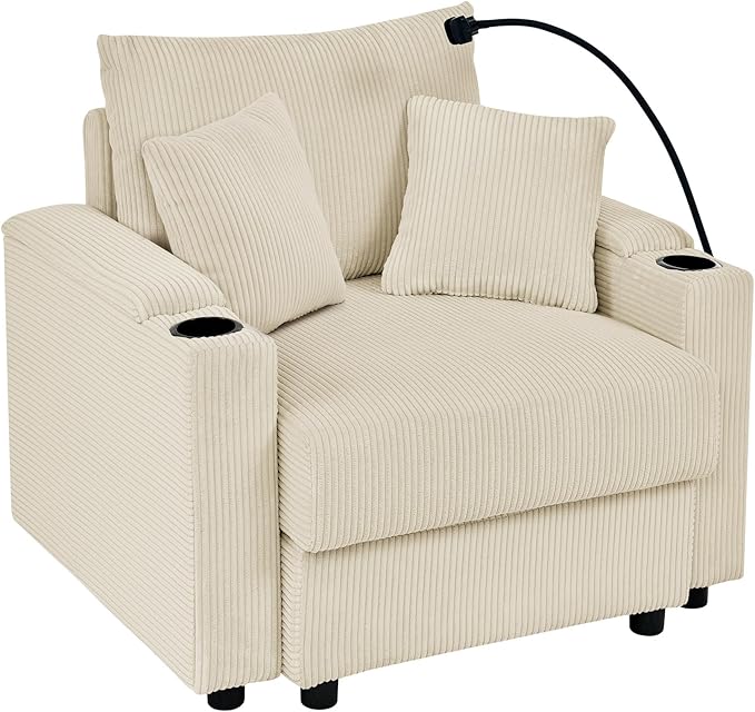 42 W Comfy Living Room Chair with Storage Armrest Corduroy Accent Chair with Two Cup Holders Oversized Reading Chair with A Phone Holder Rack for Living Room (Beige)