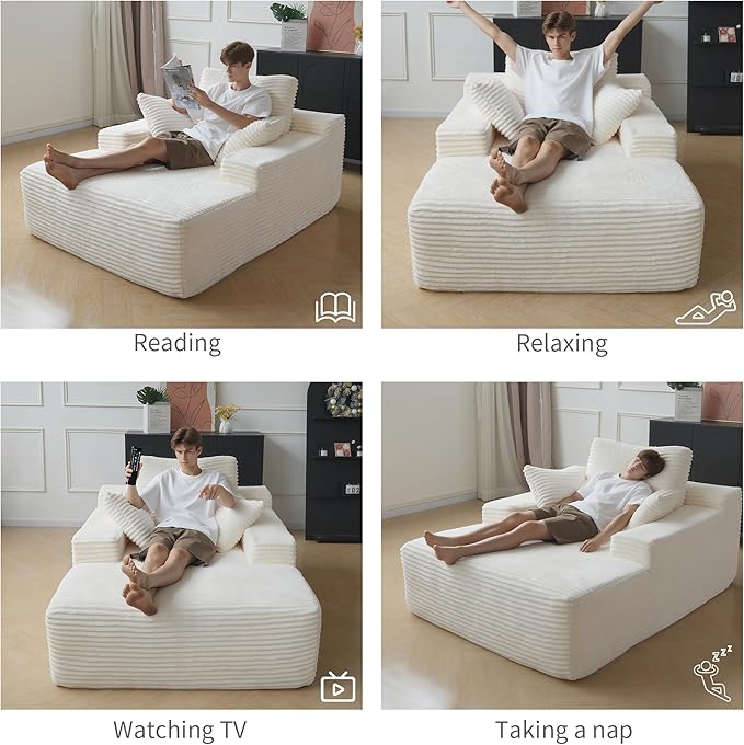WJShome Oversized Chaise Lounge Chair Indoor Plush Corduroy Boneless Sofa Bed Cloud Reading Chair with Throw Pillow for Living Room (White)