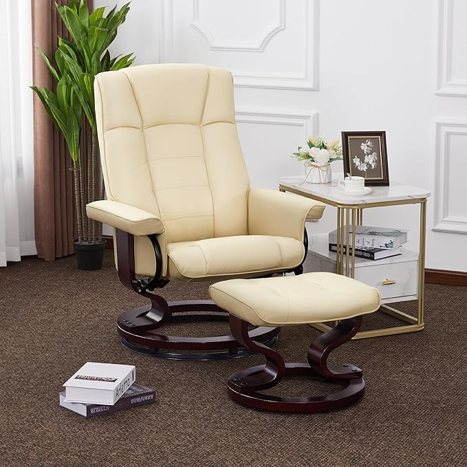 MCombo Manual Swivel Recliner with Ottoman Chair Ottoman Set for RV Small Spaces Living Room Bedroom Office 9019 4919 (Faux Leather Cream White)