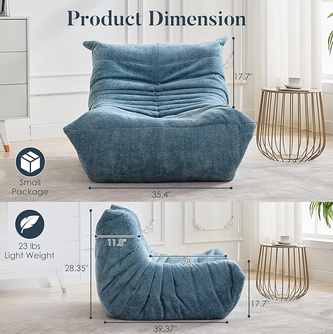 Bean Bag Chair for Adults and Kids Lazy Accent Chair Sofa Couch in Chenille Mid Century Modern Side Chair for Bedroom Office Apartment Gaming Venue Green