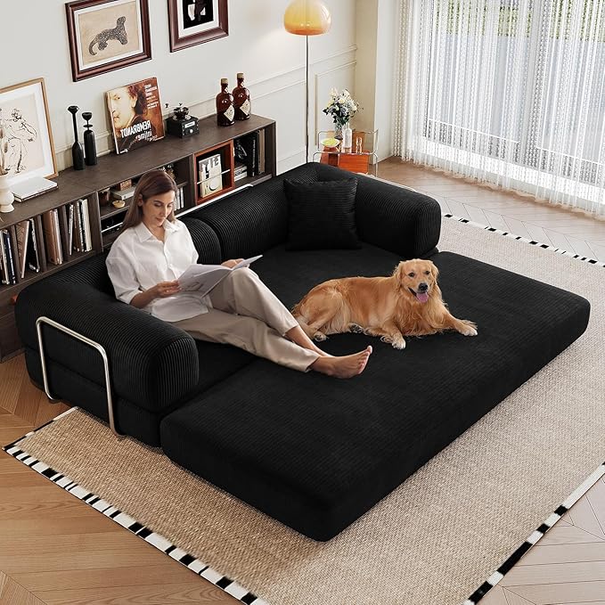 78.8'' Convertible Sofa Bed Boneless Couch in a Box Modular Corduroy Comfy Foldable Sleeper Compression Sofa Loveseat Couches for Living Room (Black 78.8 inch)