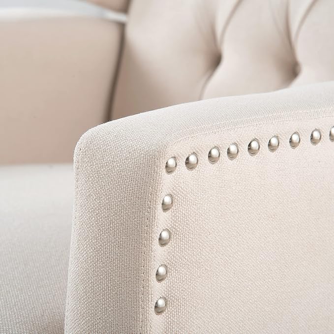 Pushback Recliner ChairComfy Wingback Recliner Sofa Chair with Adjustable BackrestTufted Fabric Accent Armchair with Vintage Rivets Trim for Living Room Office Home Theater (Beige-New)
