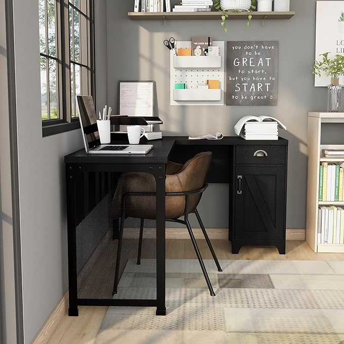 24/7 Shop at Home Holbrook Traditional 1 Drawer Wood L-Shaped Computer Desk with 2 Adjustable Shelves 1 Cabinet Door for Workstation Home Office Study Room Black
