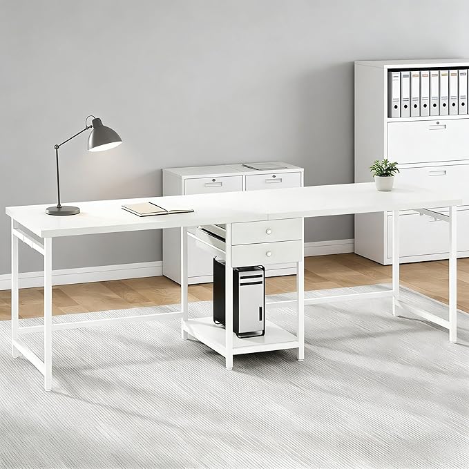78 Inch White Two Person Office Desk with Drawers Extra Long Double Computer Desk with Storage Modern Writing Study Table Workstation for Home Office