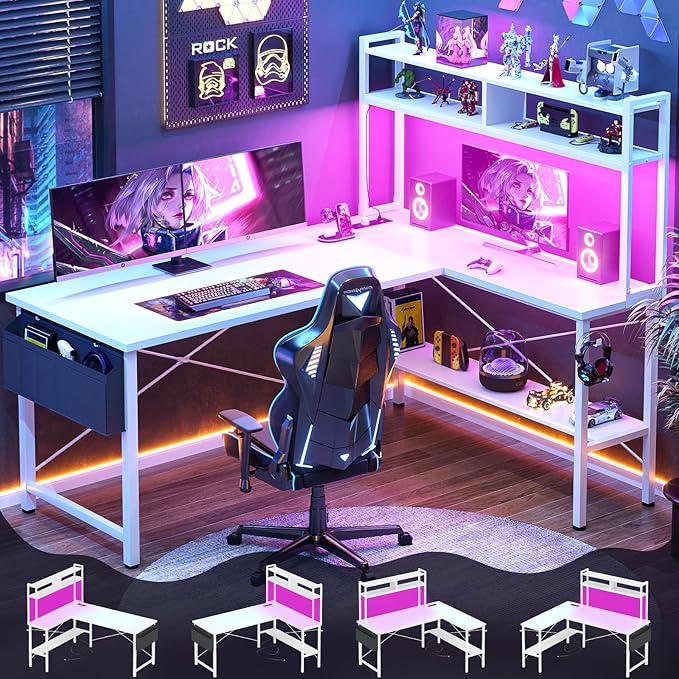 Aheaplus L Shaped Desk Gaming Desk 59 L Shaped Computer Desk with LED Light &amp Power Outlet Reversible Home Office Desk Gamer Desks with Shelves &amp Storage Bag &amp Hooks Corner PC Desk Wh