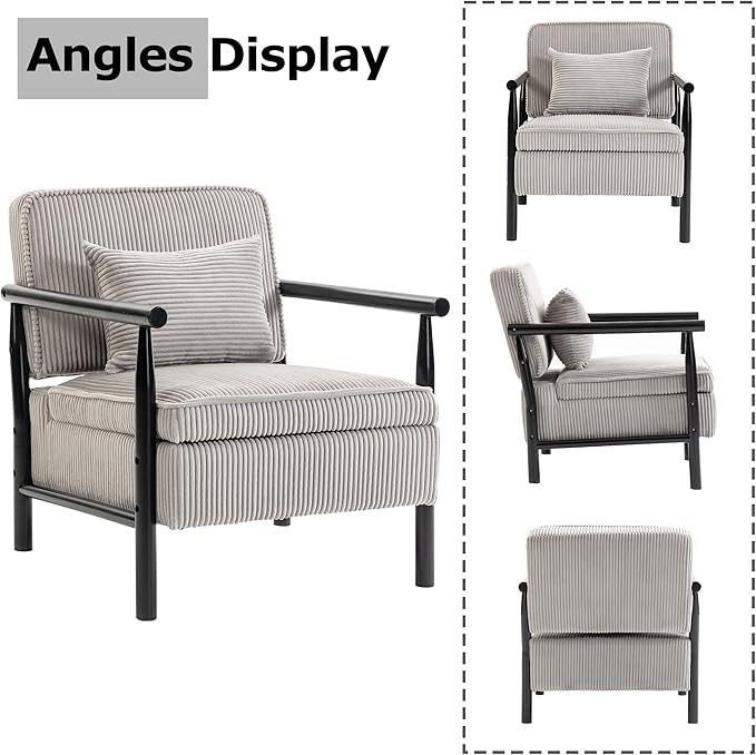 Accent Chair Comfy Modern Mid-Century Accent Chairs with Storage Corduroy Upholstered Lounge Armchair with Solid Wood Reading Side Single Sofa for Living Room/Office/Balcony/Bedroom-Gray
