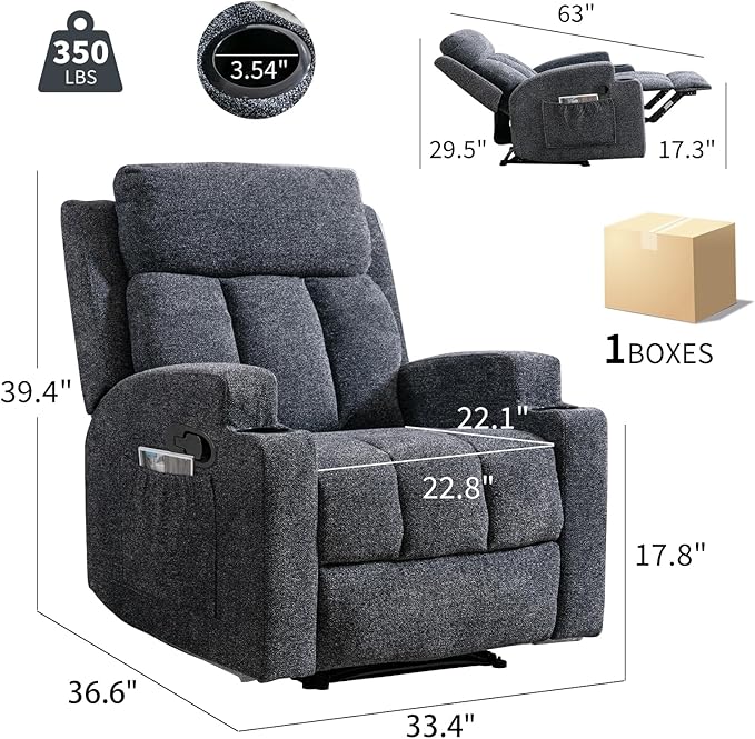 2PCS Fabric Manual Recliner Chair for Adults Comfy Reclining Chairs with Overstuffed Arm and Back Single Sofa for Living Room (2 Dark Grey)