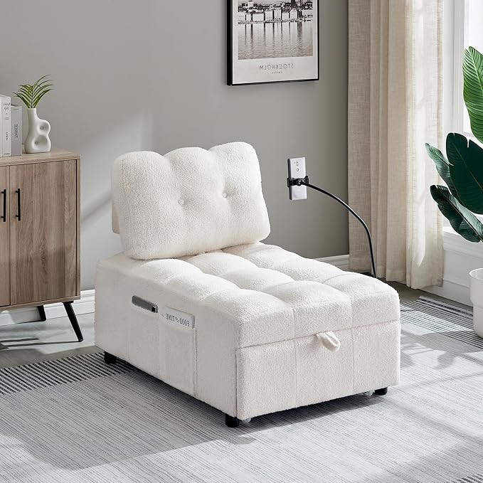 Modern Teddy Fabric Sofa Bed Futon3 in 1 Convertible Pullout Bed Couches with 3 Reclining BackrestsPhone StandSmall Sofa Single Sleeper Chair Bed for Living Room Bedroom (Beige)