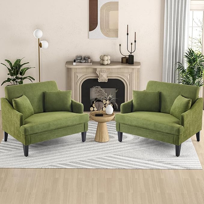 Bezseller 41 Oversized Accent Chair Comfy Living Room Chair with 2 Pillows Upholstered Mid Century Modern Armchair with Deep Seat Reading Chair for Bedroom Apartment Office Green