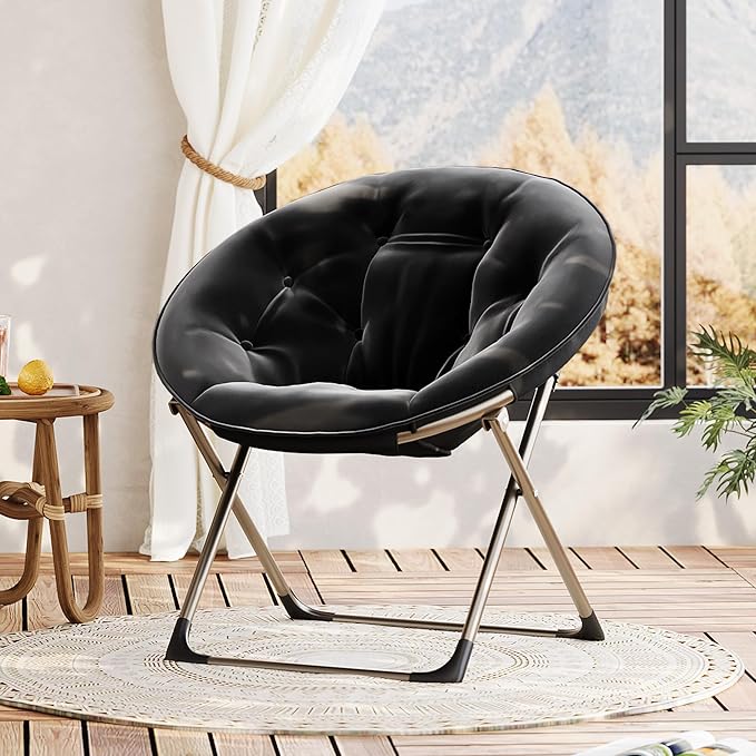 GarveeHome Comfy Oversized Saucer Chair – Soft Plush Fabric Reading Lounger for Adults Stable X-Large Metal Frame Foldable Accent Lazy Chair for Bedroom Living Room Dorm Office Black