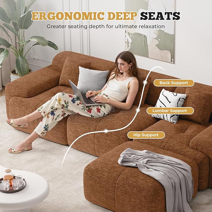 158 Modern U Shaped Modular Sectional Sofa Boneless Couches for Living Room with Ottoman6 Seater Convertible Chenille Cloud Couch Sofa Set No Assembly Required Orange 1 PCS
