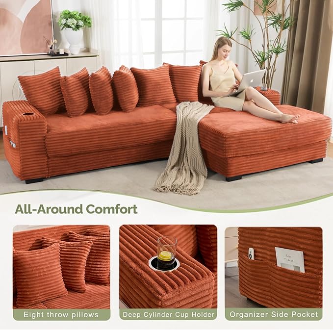 Oversized L-Shaped Modular Sectional Sofa Couch with 8 Pillows Convertible Corduroy Sleeper Sofa Bed with Cupholders &amp Storage Pockets Cloud Couch with Movable Ottoman for Living Room Orange