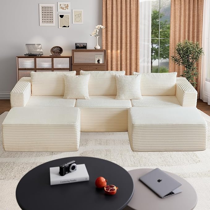 110 Corduroy Boneless Couch for Living Room with 2 Ottomans Convertible Modular Cloud Sofa with Deep Seats Ergonomic Memory Foam U Shaped Sectional Couch No Assembly Required (Beige)