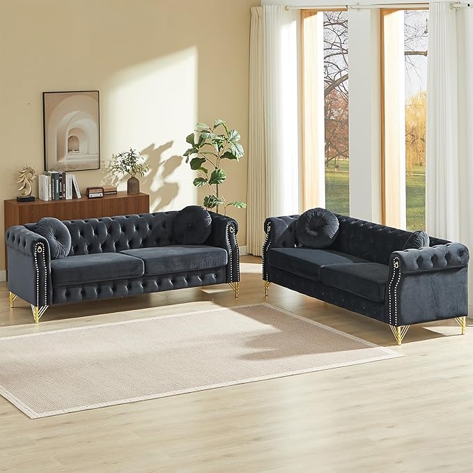 Chesterfield Velvet Button Tufted Sofa 2-Pieces 82 inch Modern 6-Deep Seater Couch Retro Style Upholstered Comfy Loveseat Sofa for Living Room Bedroom Apartment Office Black
