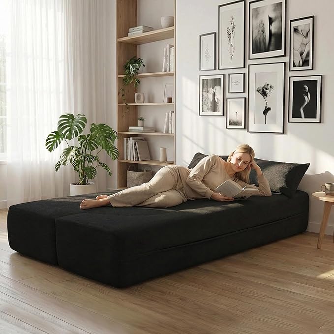 Modern Convertible Sleeper Sofa BedCompact Couch Loveseat Sofa Curved Seating Floor Couch Comfy Teddy Fabric SofaSoft Cloud Couch with Pillows for Apartment Living Room Bedroom (Black)