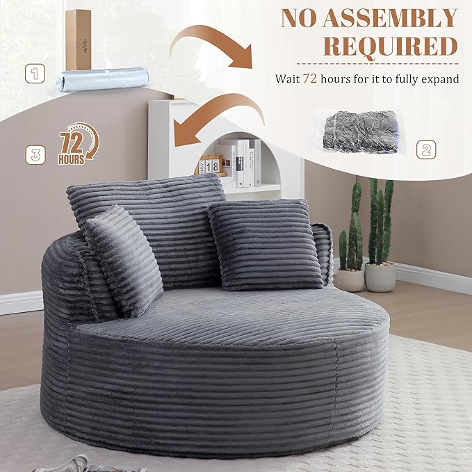 53W Oversized Round Chair Lounge Chaise Indoor Corduroy Comfy Circle Reading Armchair Upholstered Modern Cloud Boneless Chairs Cozy Floor Sofa Chair for Living Room Bedroom Apartment(Grey)