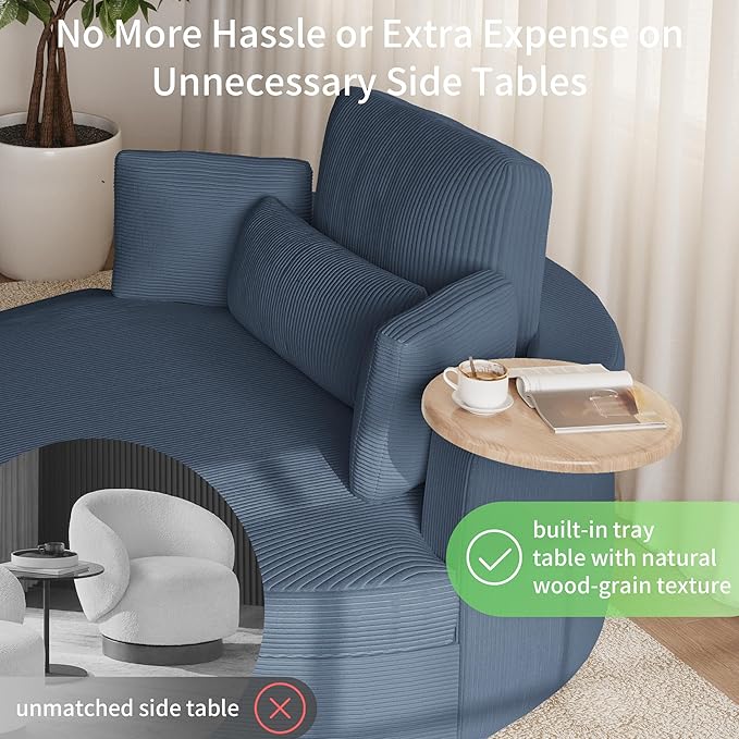 Oversized 360° Swivel Barrel Chair with Storage Ottoman &amp Rotatable Tray Table Modern Elegant 51’’ Corduroy Accent Chair with Cresent-Shaped Ottoman Extra Wide &amp Deep Seat Ocean Blue