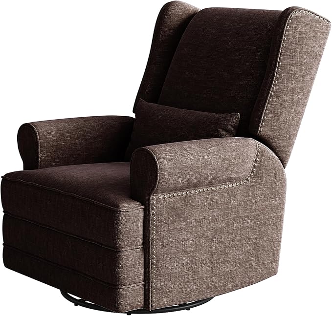Nursery Glider Recliner Comfy Upholstered Glider Chair with Lumbar Pillow and Footrest Swivel Rocking Chair for Bedroom Living Room Brown