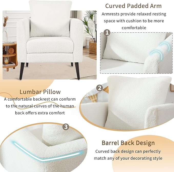 Barrel Accent Chair Set of 2 with Back Pillow Large Teddy Upholstered Armchair with Solid Wood Legs Modern Reading Chairs for Living Room Bedroom