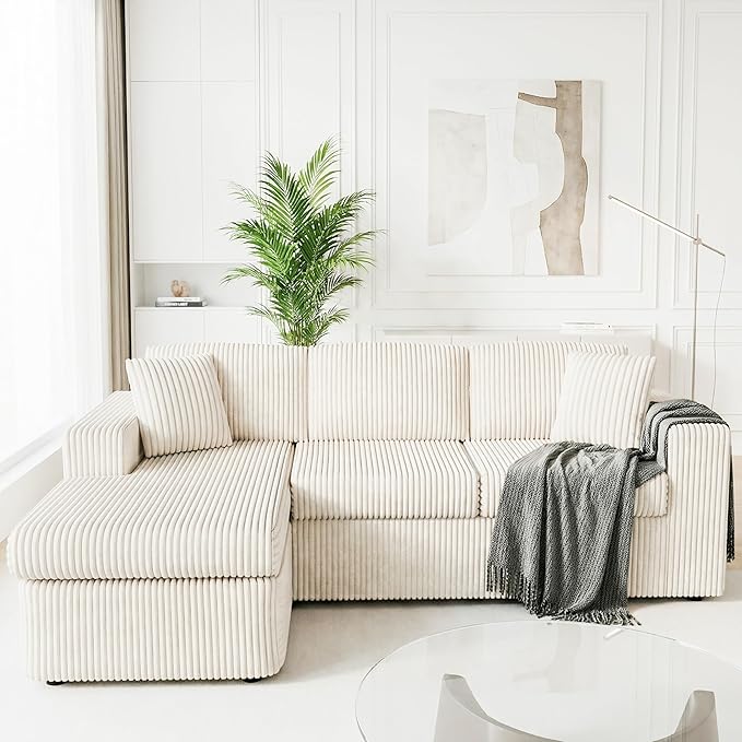 Shintenchi 105 Modular Sectional Sofa Boneless L Shaped Couch with Deep Seat Cloud Foam Couch with Oversized Chaise Plush Corduroy Sofa No Assembly Needed for Living Room Beige