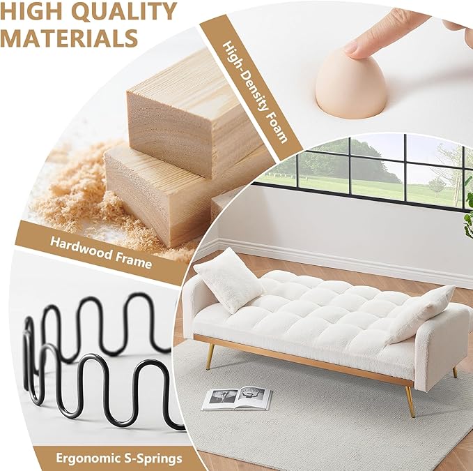 Teddy Futon Sofa Bed69 Modern Small Love Seat Couch for Small SpacesConvertible Tufted Sleeper Sofa Loveseat Couch Bed with Gold Metal Legs for Living RoomBedroom (Teddy Beige)
