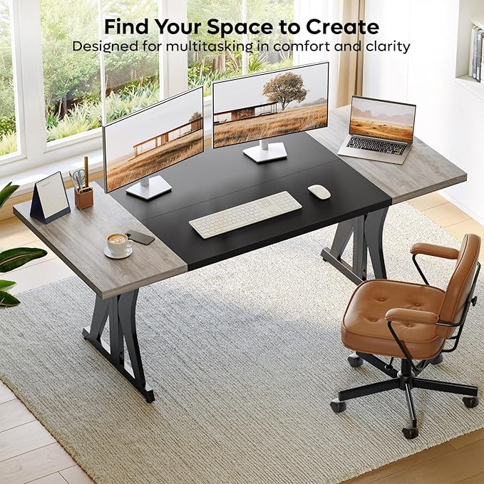 Bestier 70 Inch Large Executive Desk Modern Simple Computer Office Desk with Thickened Desktop Wood Metal Conference Room Table for Home Office Business &amp Writing Grey
