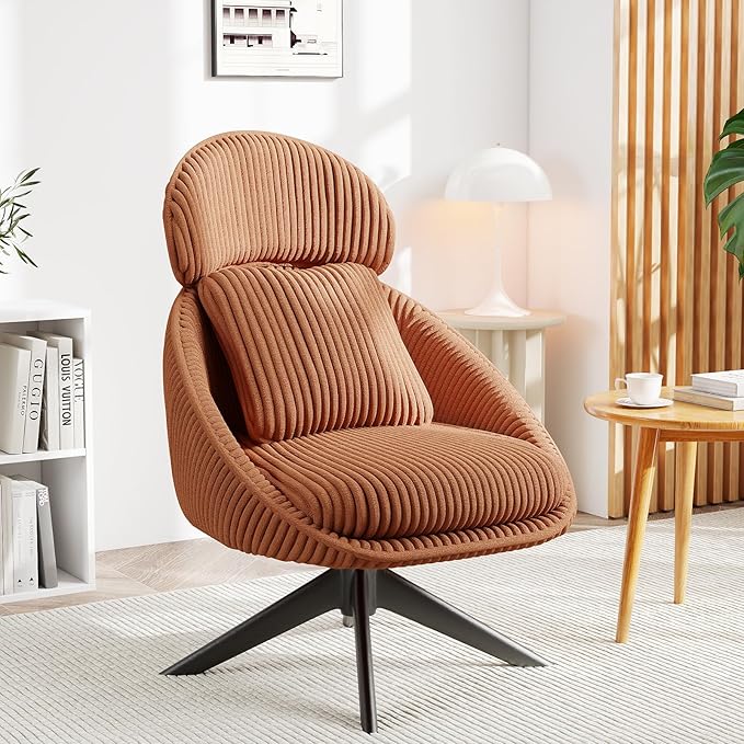 Furniliving Large Swivel Accent Chair Modern Arm Chair Sofa Chair with Pillow Living Room Chair Bedroom Chair with Headrest Comfy Desk Chair Upholstered Chairs for Rest Room Corduroy Orange