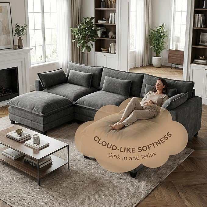 Amada Sectional Couches for Living Room 111.5-U Shape Comfy Cloud Modular Sectional Sofa 5-Seater Chenille Deep Seat Sofa Sleeper with 2 Movable Ottomans&ampThrow Pillows (Grey) | Chenille