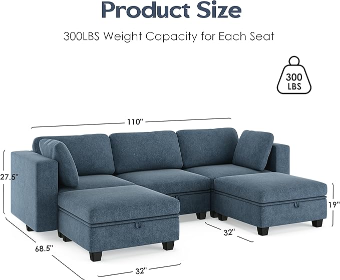 Modular Sectional Sofa Oversized U Shaped Sectional Couch with Storage Ottoman Modular Couch with Large Deep Seat Comfy Convertible Sectional Couches for Living Room and Apartment Navy Blue