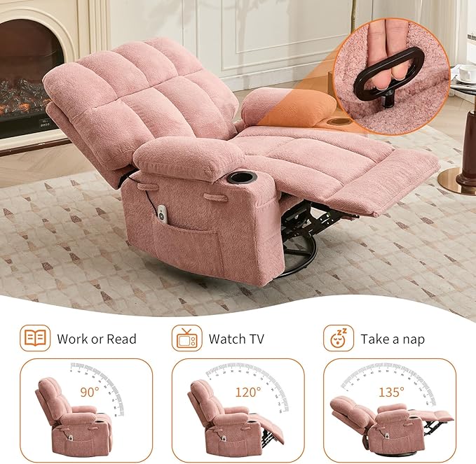 IDEALHOUSE Rocking Recliner Chair with Heat 38.5 Oversized Swivel Rocker Recliner with Massage Side Pockets &amp Cup Holders Reclining Sofa for Living Room Bedroom (Pink Linen)
