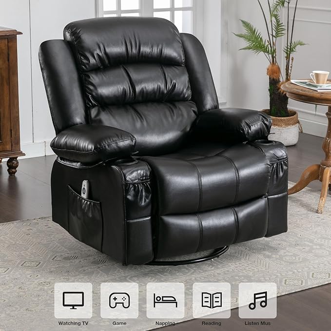 Electric Recliner Chairs for Adults Massage Recliner Chair with Heat 360 Swivel Recliners Chair for Living Room with 2 Cup Holders &amp USB Charge Port Rocking Function and Side Pocket (Black)