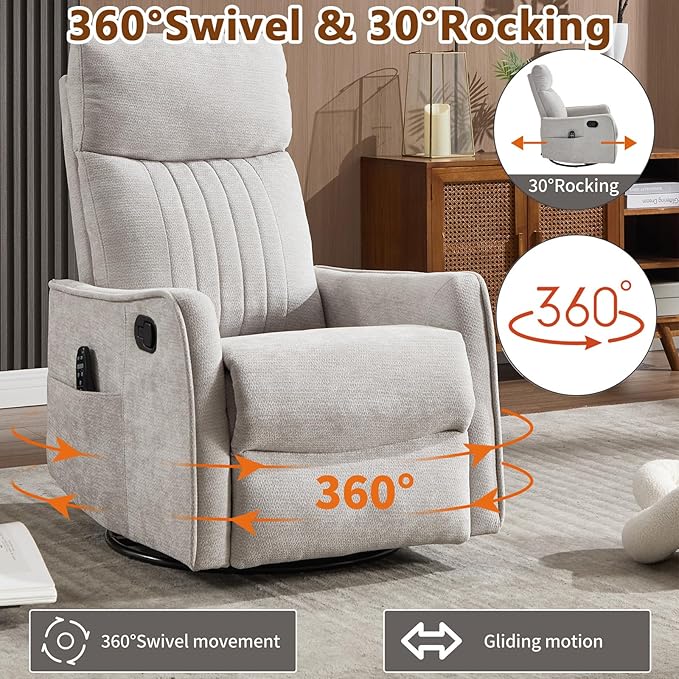 Massage Recliner Chair with Heat Slim Recliners for for Adults Swivel Rocking Chair Recliner with High Back Small Recliner Chair for Small Spaces Living Room Adjustable Footrest (Light Grey)
