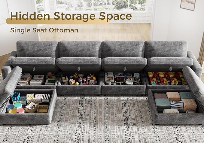 KKL Modular Sectional Couches for Living Room U Shaped Sofa Couch with Adjustable Backrest Chenille 6 Seater Sofa Couch with Convertible Ottoman and Comfy Cushion Grey