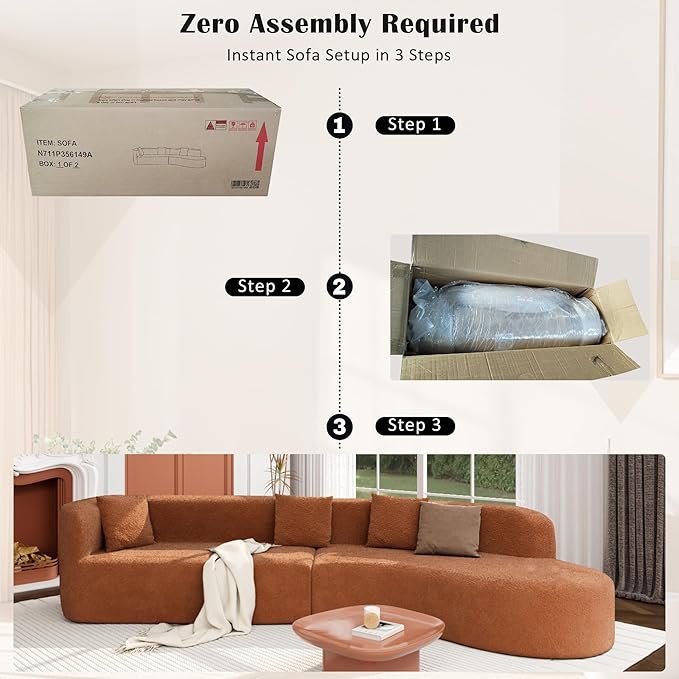Oversized Curved Boneless Sectional Sofa Modern Floor Foam Cloud Couches for Living Room 132-Inch Right Facing Chenille Upholstered Boneless Modular Curved Sofa