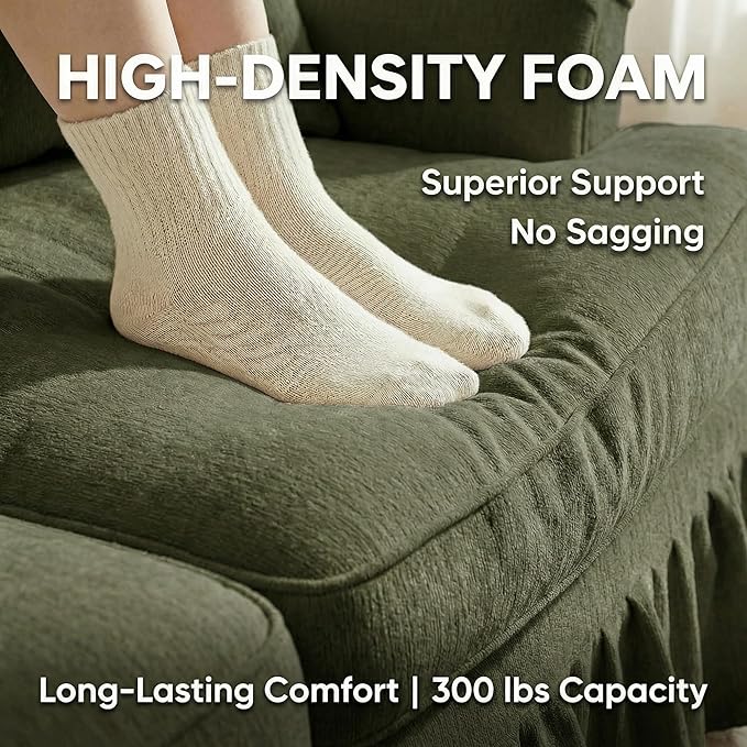 Casaphoria Mid-Century Modern Oversized Loveseat Sofa 2-Seater Chenille Couch with Removable Ruffle Skirt Flared Arms Spindle Legs &amp Throw Pillow for Living Room Apartment